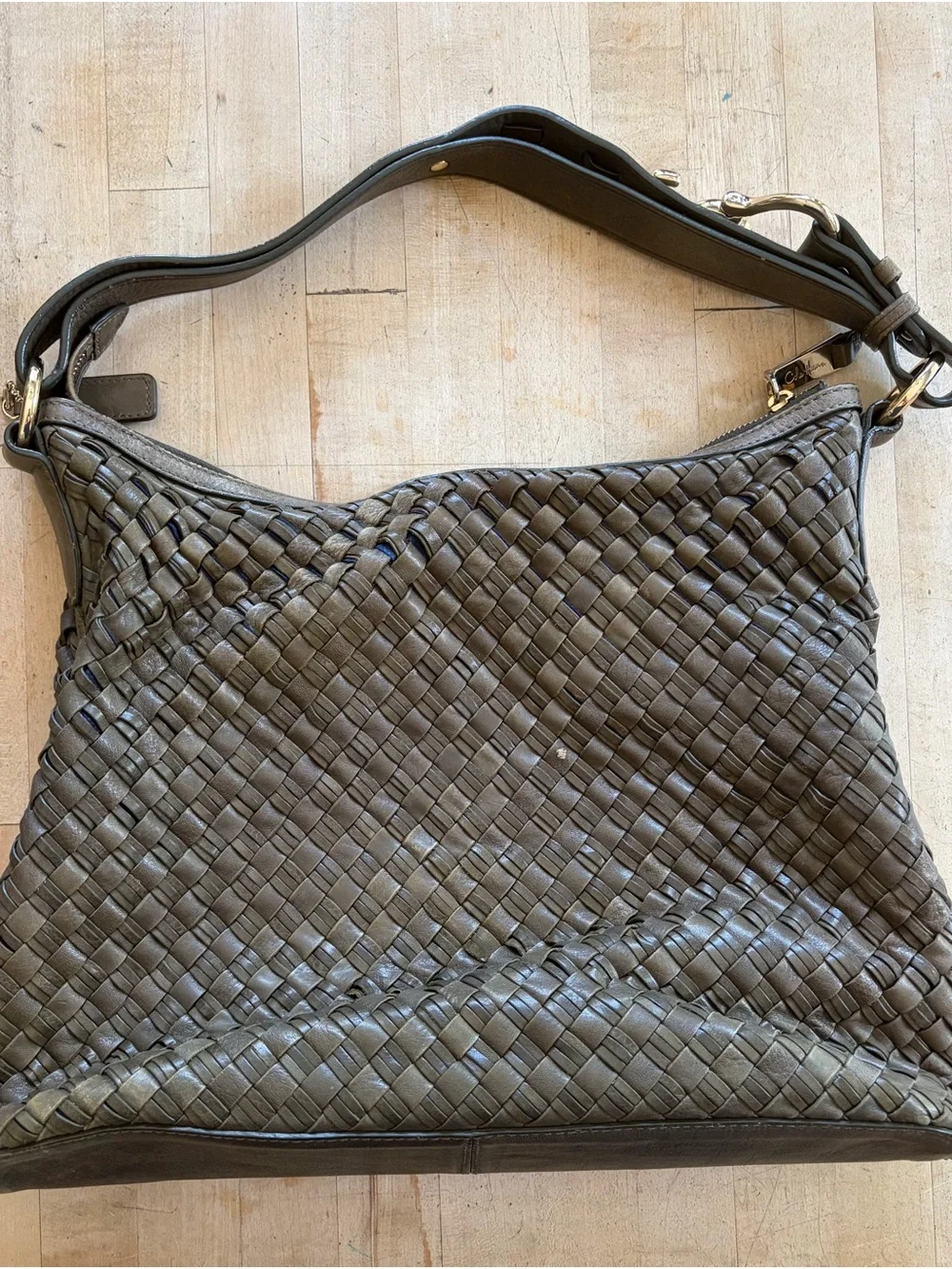 Cole Haan Avery Heritage Army Green Woven Leather Shoulder Bag Hobo -